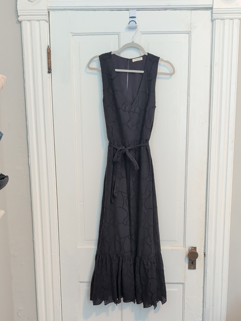 Sleeveless Dark Gray Eyelet Maxi Dress with Tie Waist
